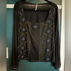 Free People Black and Blue Long Sleeve Top
